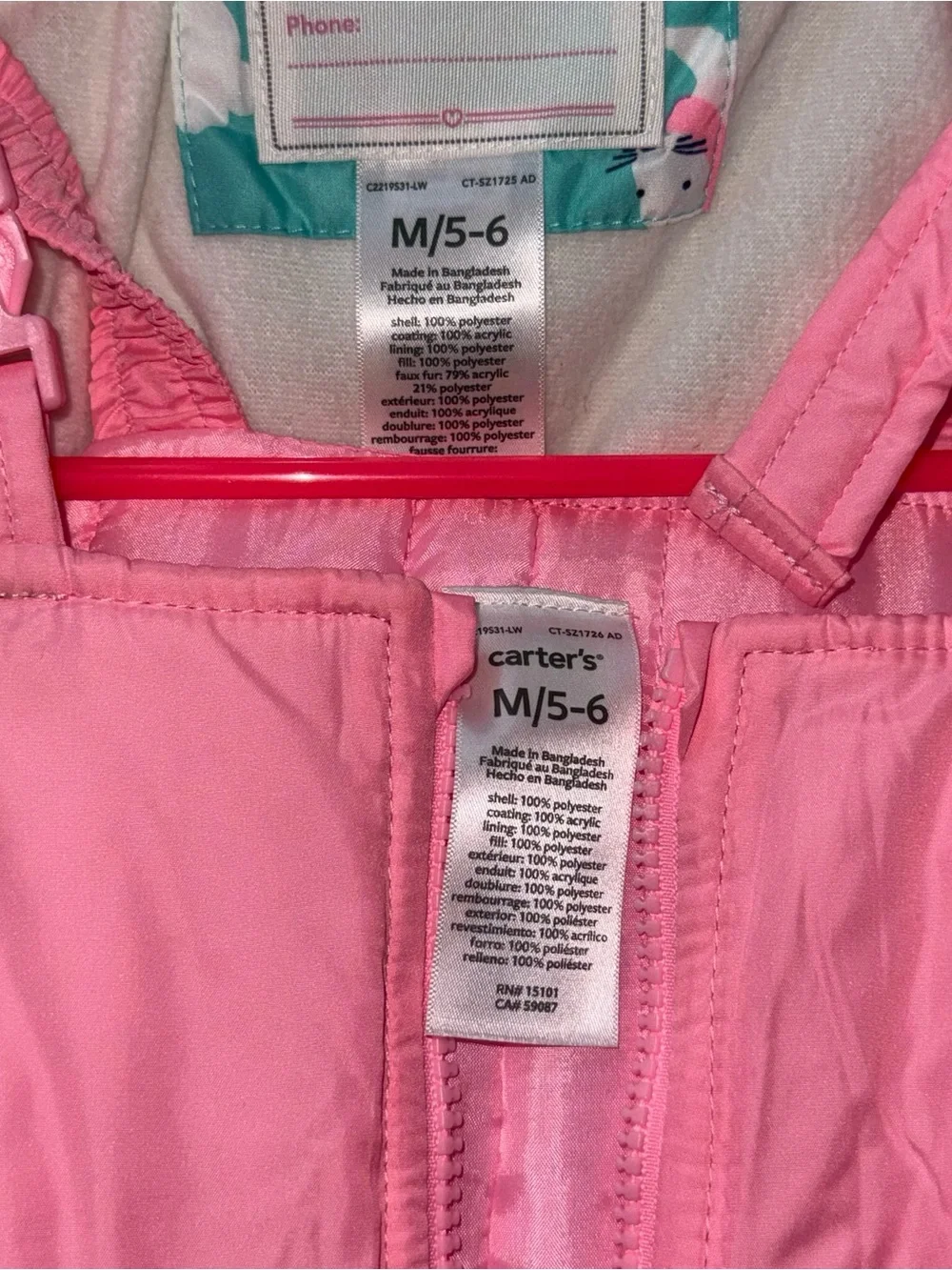 Carter’s Girls Bunny Puffer Jacket Snow Bib Ski Suit Set Size 5/6